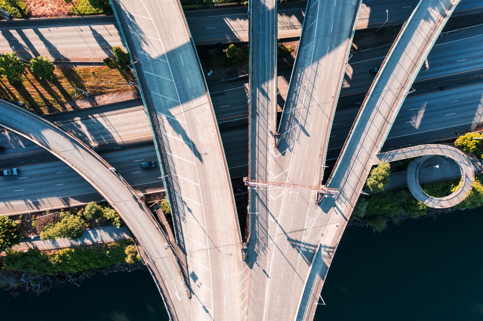 An aerial view of a highway interchange