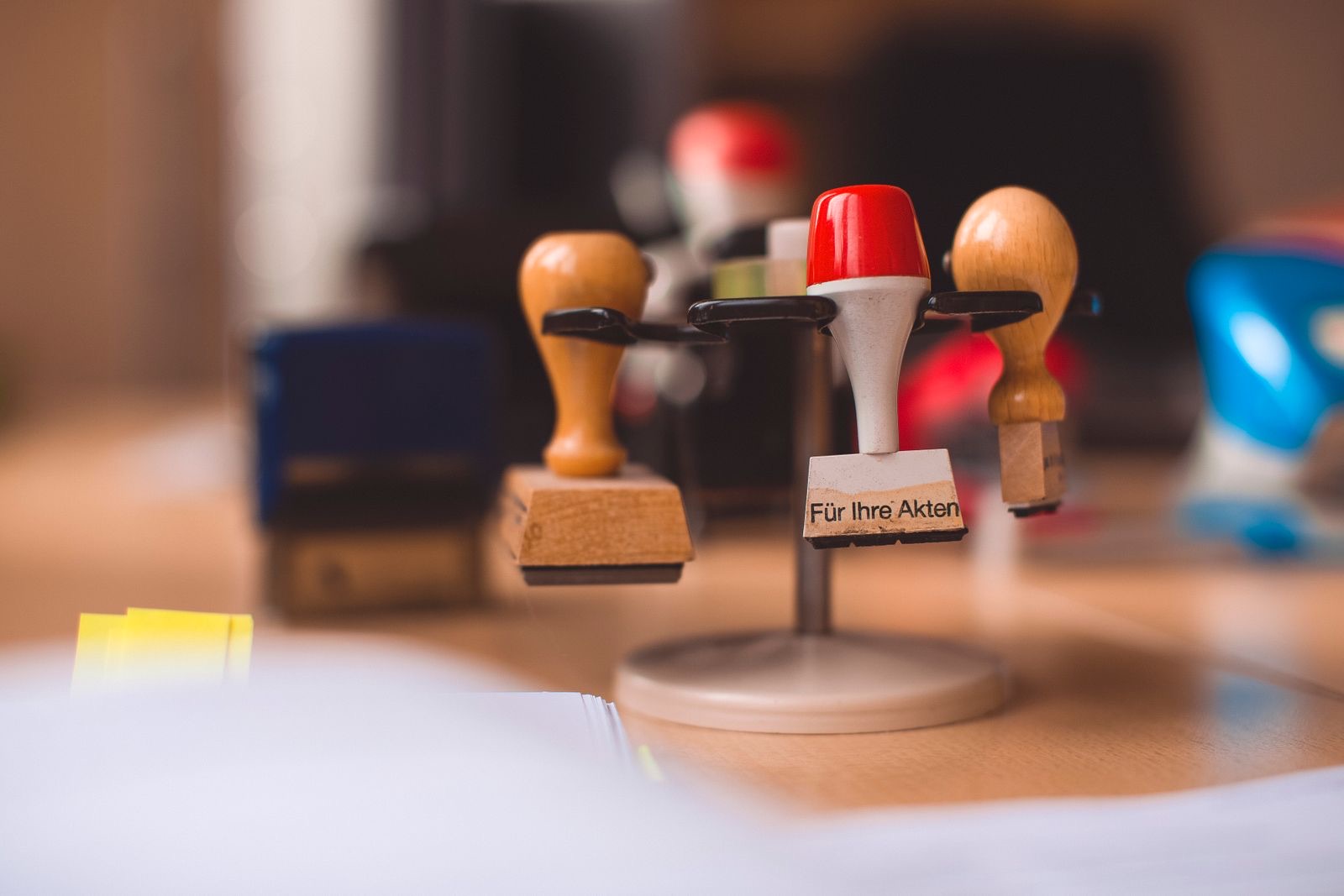 Rubber stamps on a wooden table